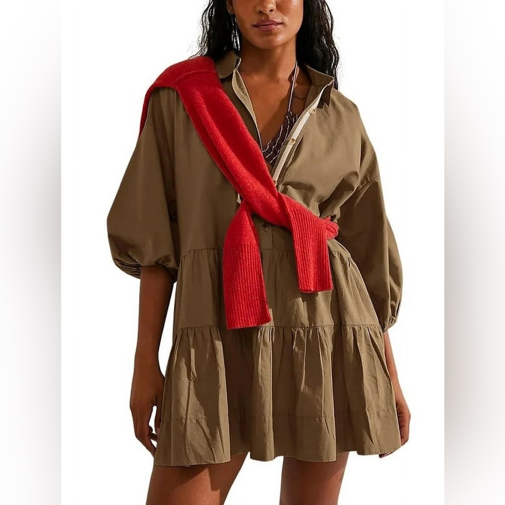 Chouyatou Women's Puff Sleeve Tiered Tunic Babydoll Dress Mini